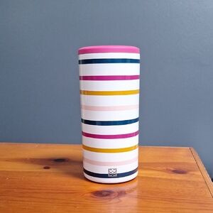 Mary Square Skinny Can Coozie Striped Metal with Pink Lid